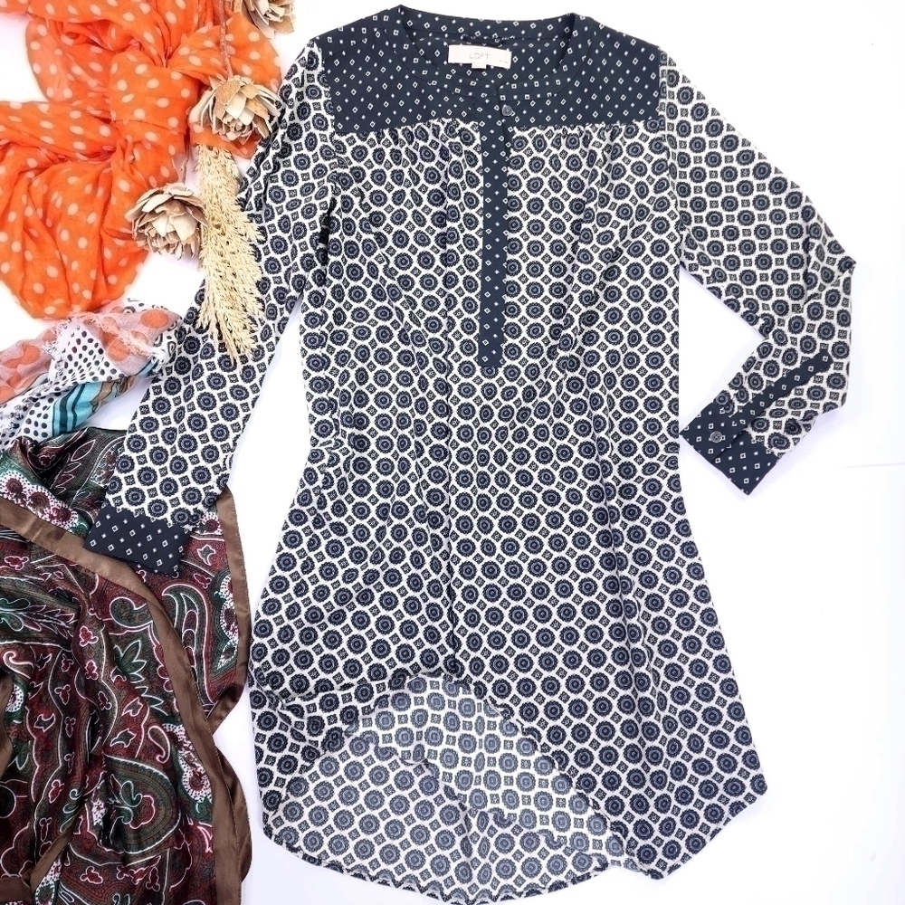 Loft Charcoal Cream Dress  Small Petite